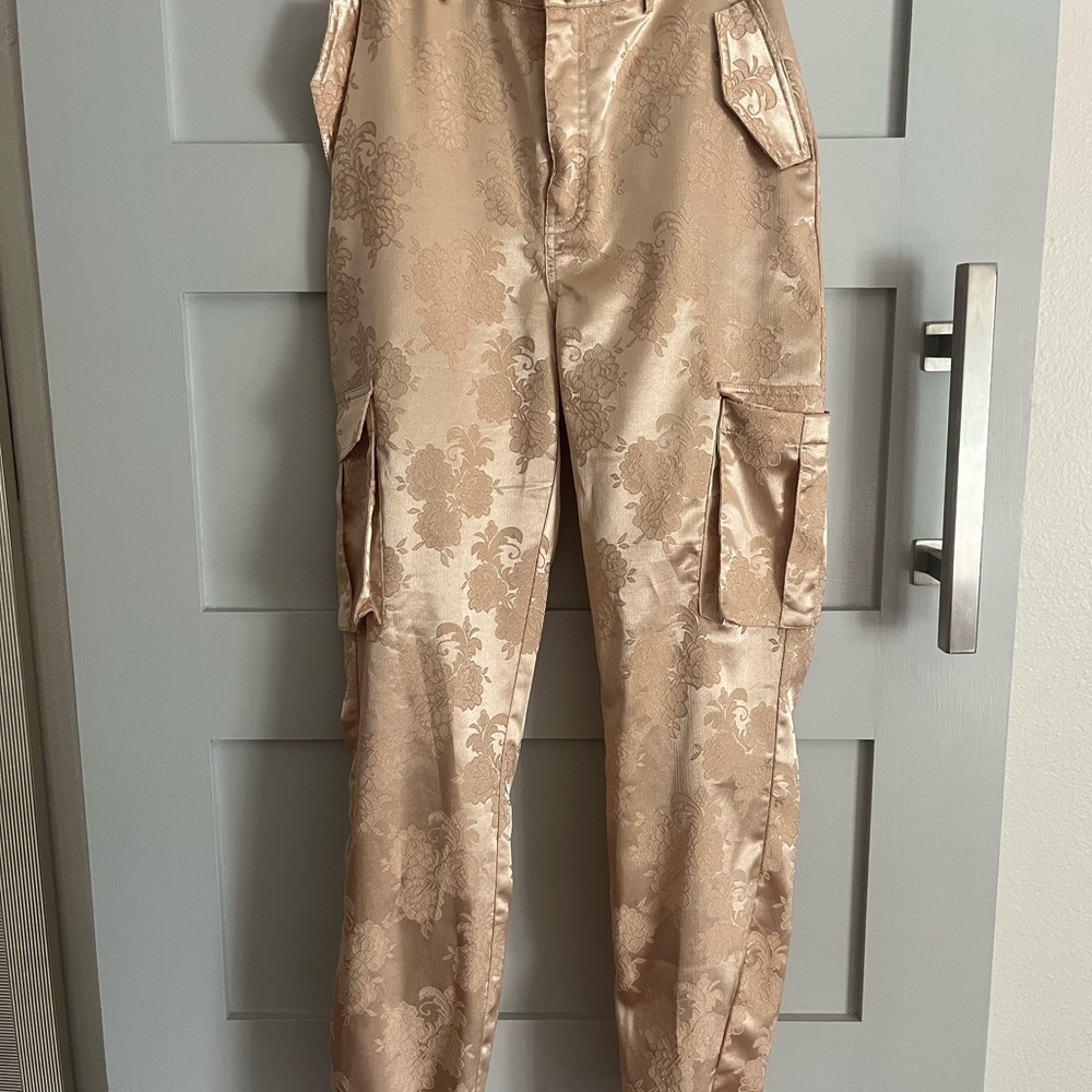 Floral Satin Cargo Pants - Gold